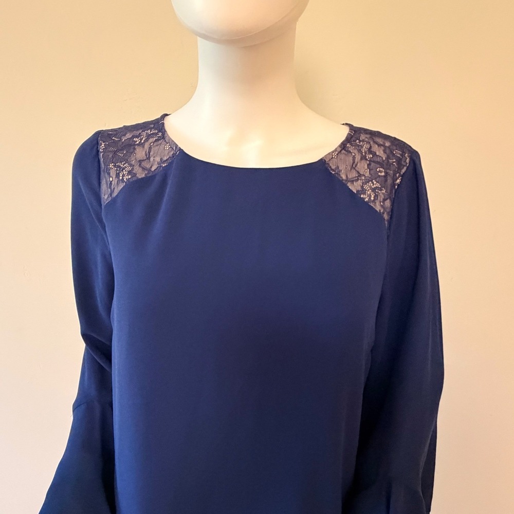 NWT Halston Heritage Lace Insert Dress Navy Blue Ruffle Sleeve Mini Dress Size 8 - Picture 2 of 15
